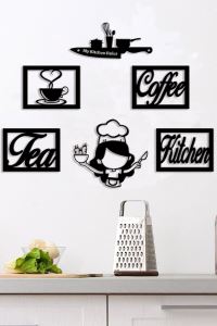 KMS Kitchen Coffee  6 Parçalı Dekoratif Mutfak Konsepti SİYAH Lazer Kesim